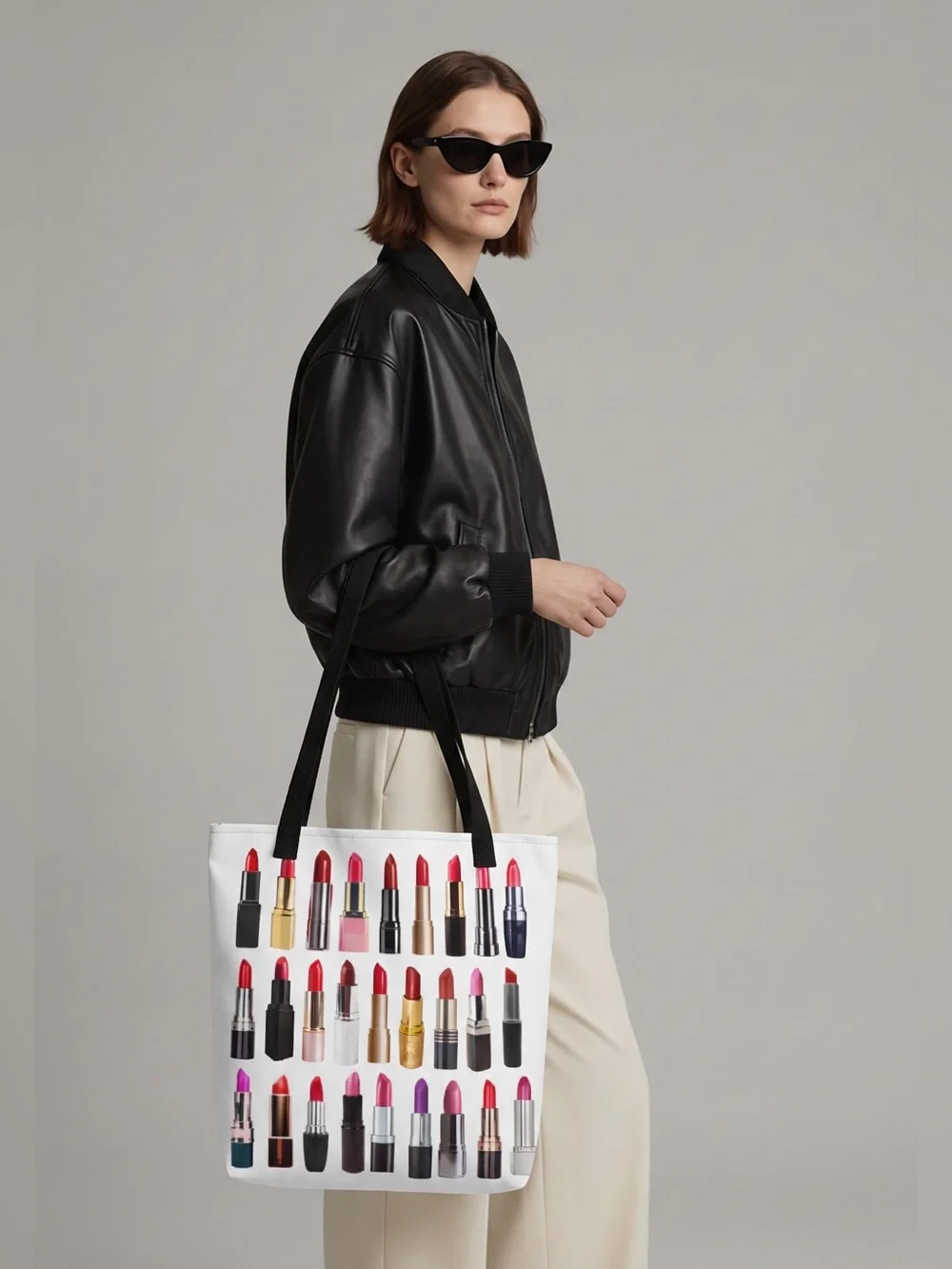 Women’s White Lipstick Print Tote Bag with Black Straps